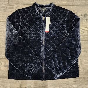 Talbots Women's Velvet Quilted Bomber Jacket Blue Size XL Genuine Down NWT